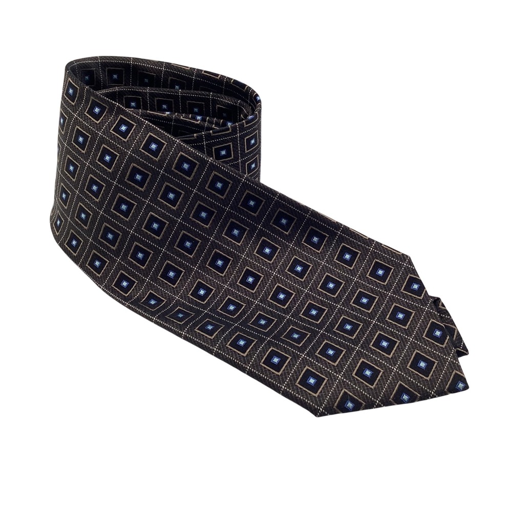 Siena Collezione Mens Silk Necktie Brown Blue Geometric Square Hand Made Tie